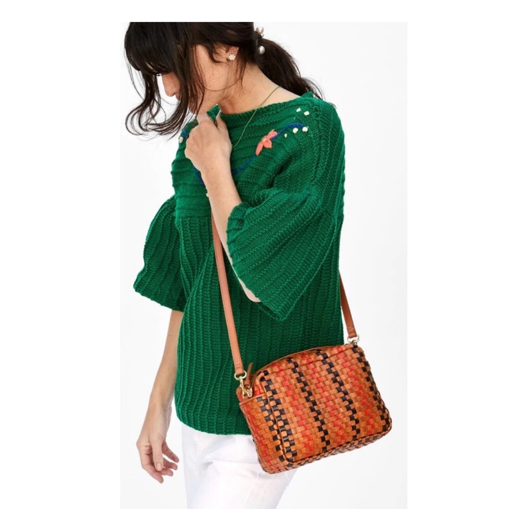 Clare V. Marisol Pinstripe Woven Checker Crossbody Bag Natural Navy Red